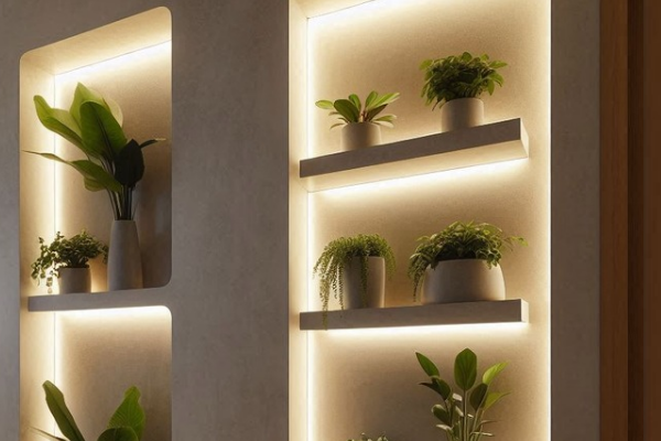 dica biofilia estante de LED com plantas